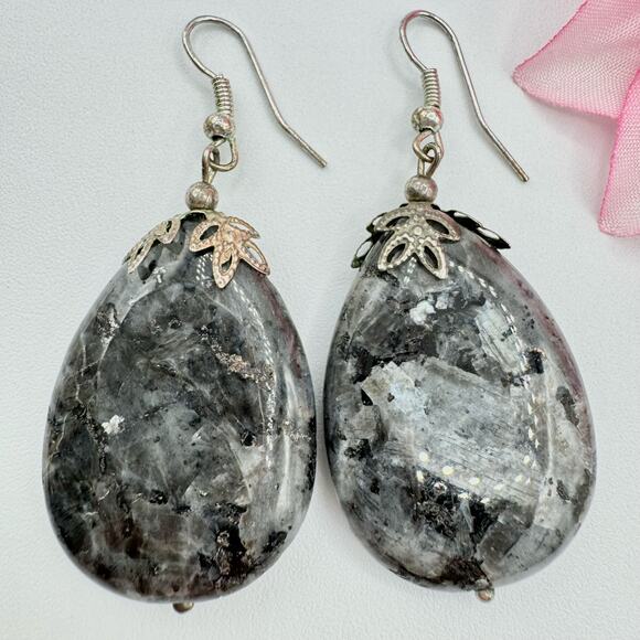 Vintage Larvikite Teardrop Chunky Dangle Earrings Stone Rockhound Natural Gray - Picture 4 of 8